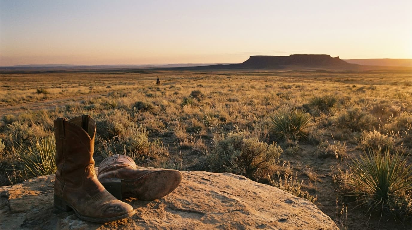 Wide environmental Western photograph at golden hour: an open semi-arid landscape with a low distant mesa horizon, dry grasses and scattered scrub in the foreground, warm cinematic light, with a pair of well-worn unbranded brown leather western boots resting on a flat ground stone in the lower-left of the frame