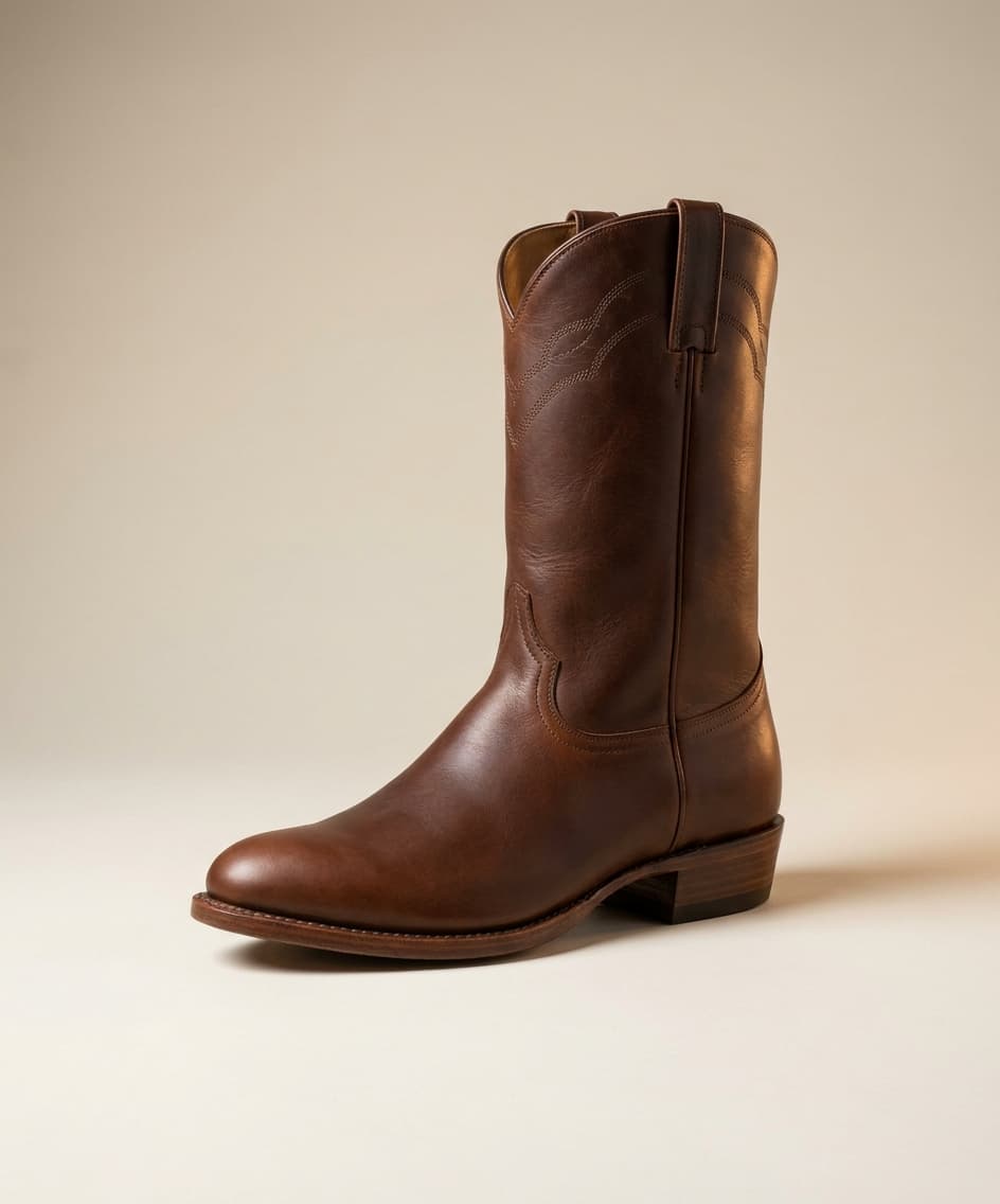 Editorial product photograph of The Mesa, the signature Pinto Mesa Boots roper, a hand-welted walnut full-grain leather western boot with a rounded medium toe and a 1.5 inch walking heel