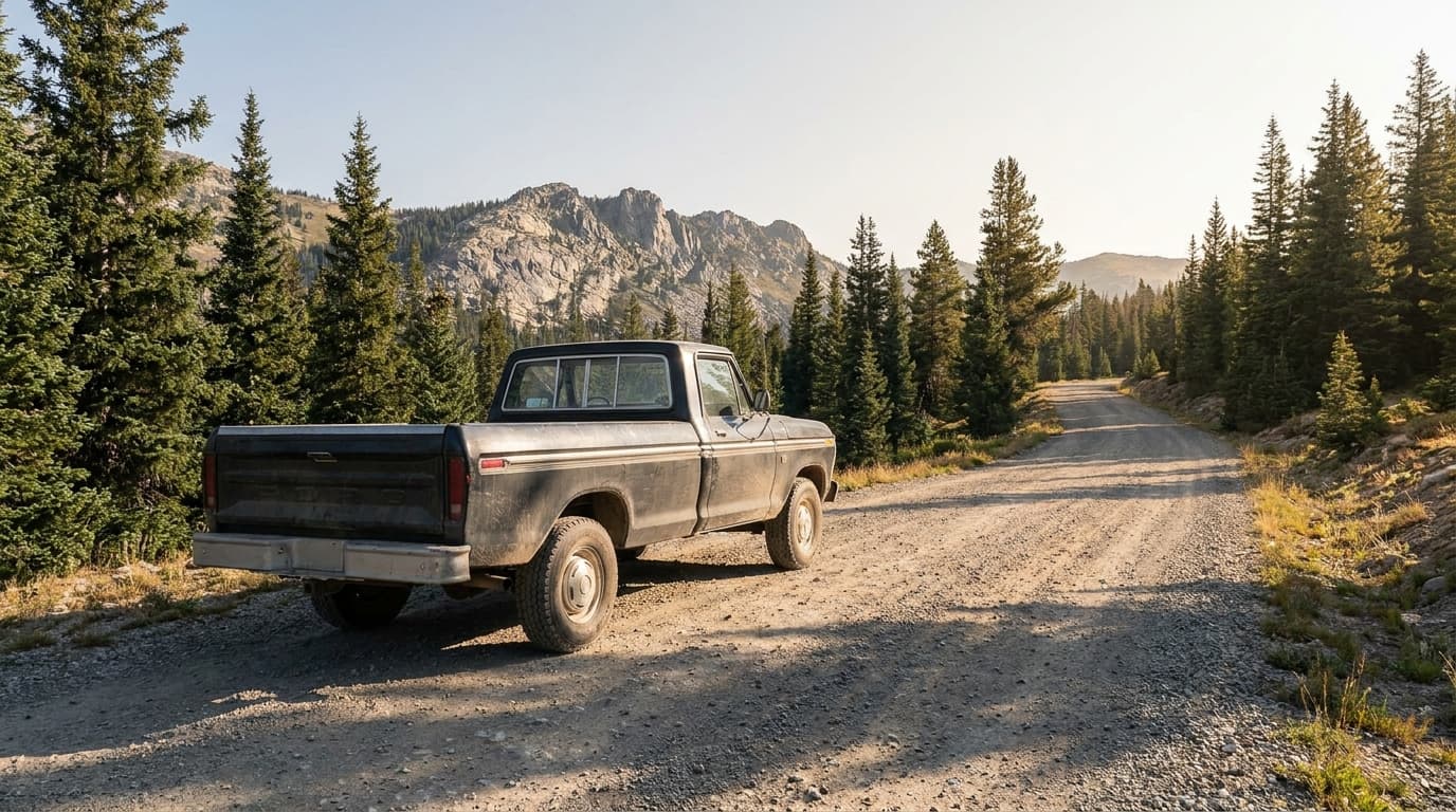 Editorial documentary photograph of a working pickup truck on a Mountain West gravel pass road, warm directional morning light, no logos overlaid, no identifiable close portraits