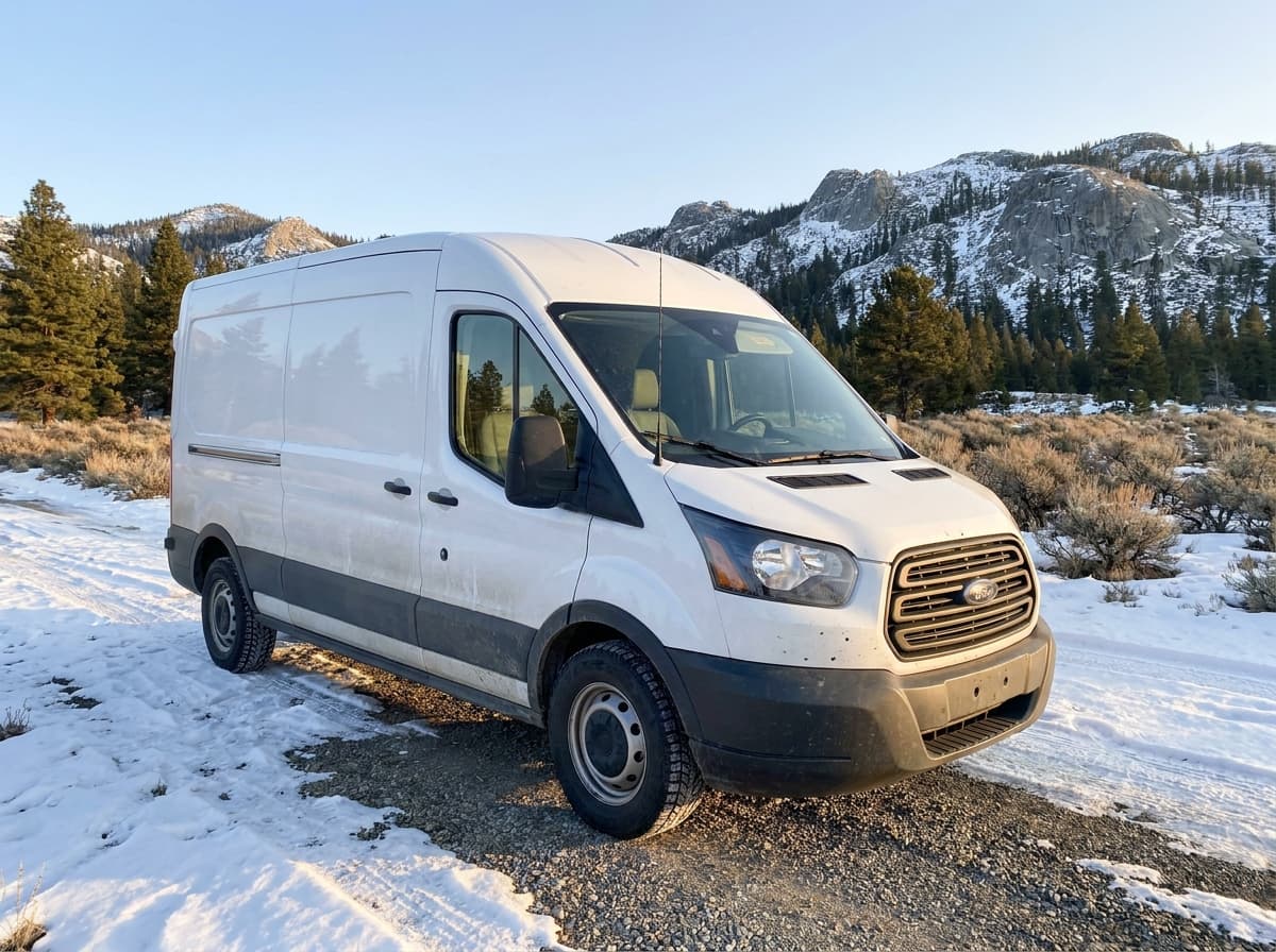 2015 Ford Transit 250 Medium Roof Cargo (Utility, RWD) photographed in working context on a Mountain West road or job site, no logos overlaid