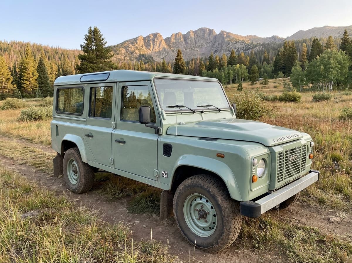 2015 Land Rover Defender 110 Heritage (Four-wheel-drive SUV, 4WD) photographed in working context on a Mountain West road or job site, no logos overlaid