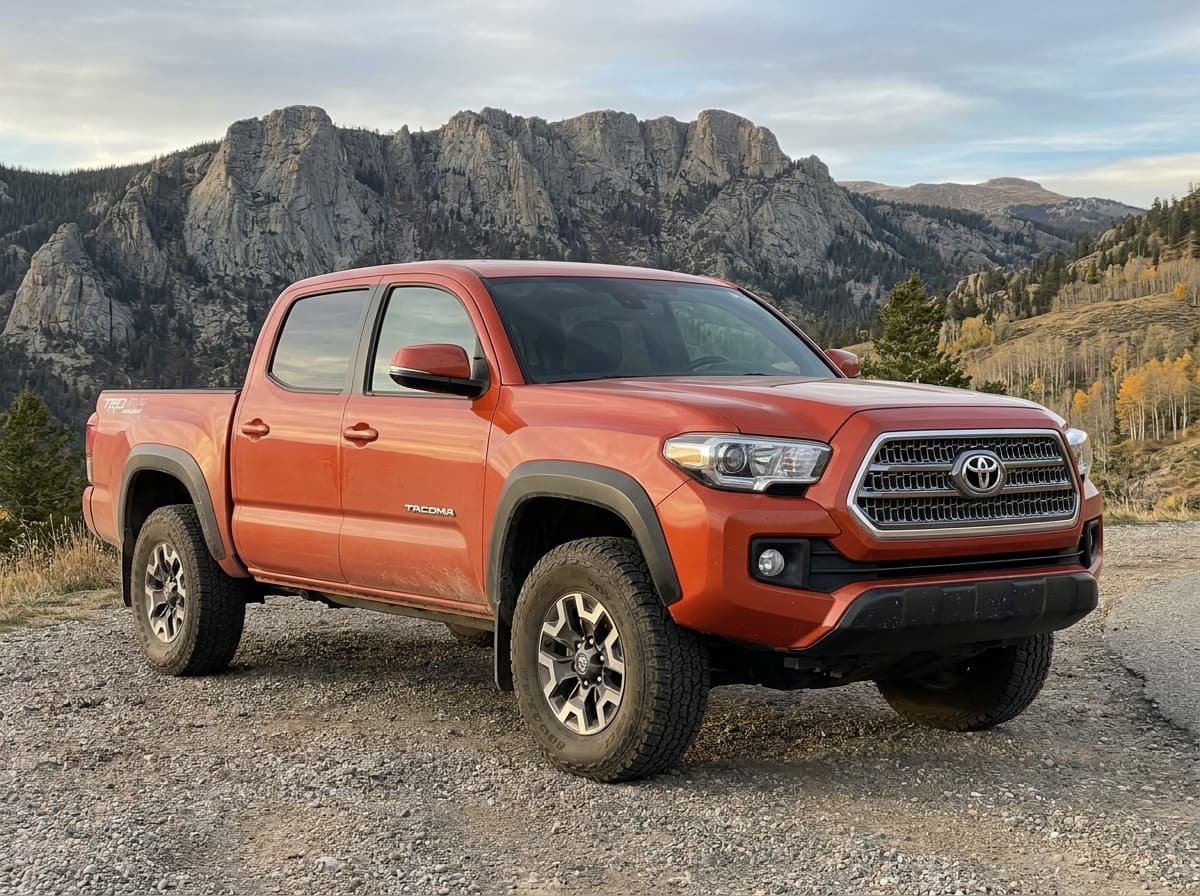 2017 Toyota Tacoma TRD Off-Road (Pickup, 4WD) photographed in working context on a Mountain West road or job site, no logos overlaid