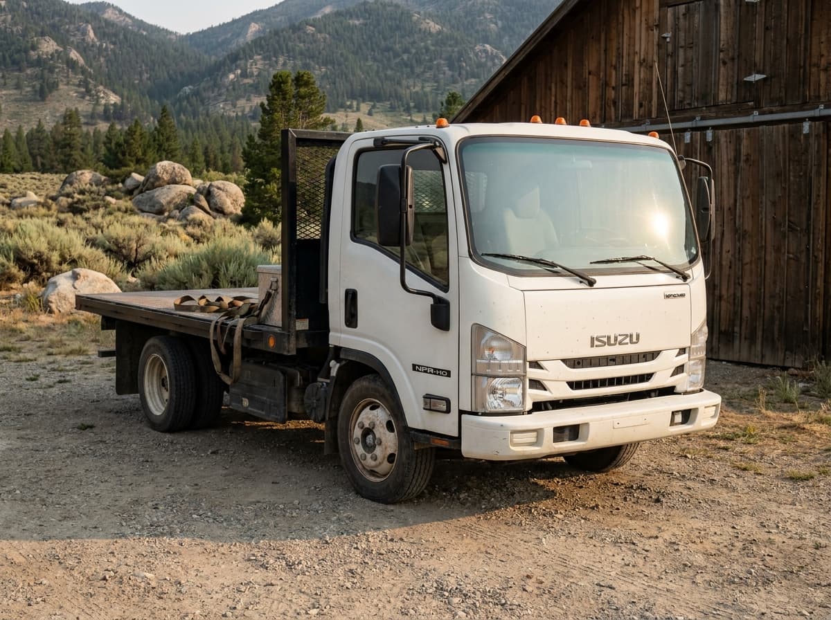 2018 Isuzu NPR-HD Flatbed (Utility, RWD) photographed in working context on a Mountain West road or job site, no logos overlaid