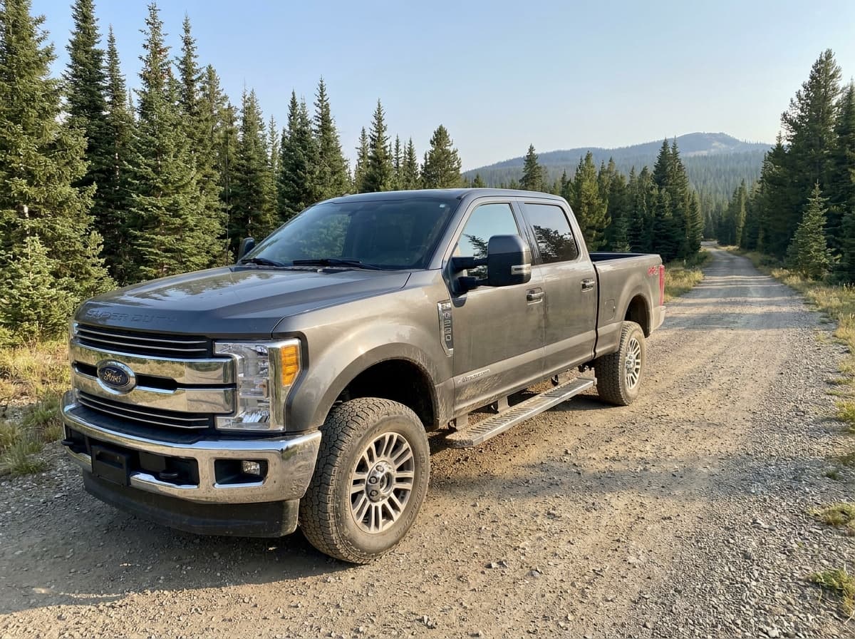 2019 Ford F-250 Super Duty Lariat (Pickup, 4WD) photographed in working context on a Mountain West road or job site, no logos overlaid