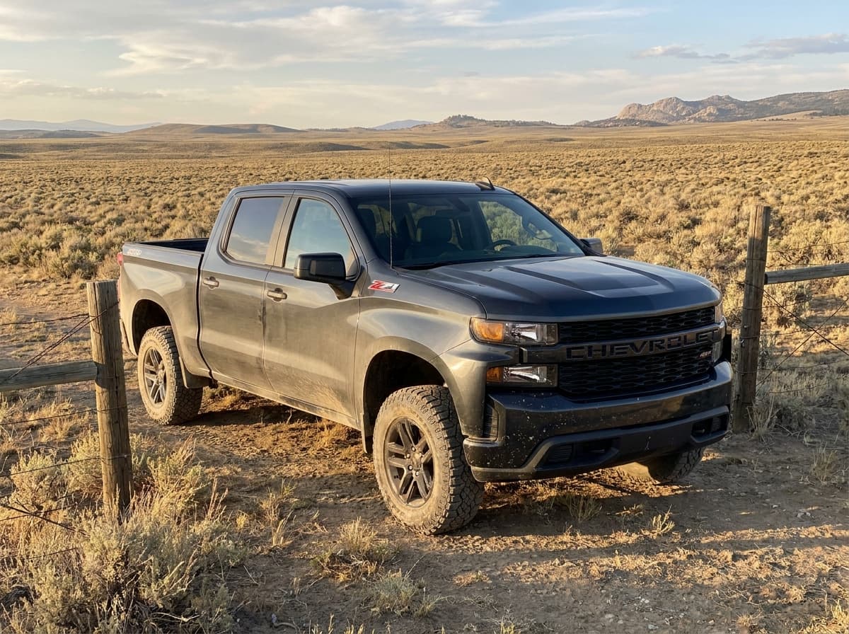 2020 Chevrolet Silverado 1500 LT Trail Boss (Pickup, 4WD) photographed in working context on a Mountain West road or job site, no logos overlaid