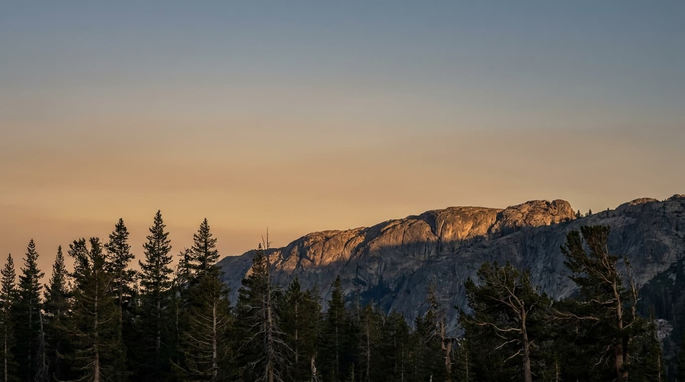 Mountain West landscape at evening light, treeline against a granite ridge, atmospheric ground, no vehicle, no figures