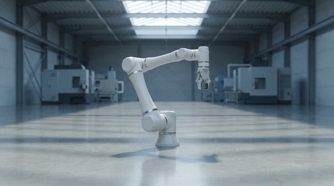 Single Volta Robotics six-axis arm on a polished concrete factory floor
