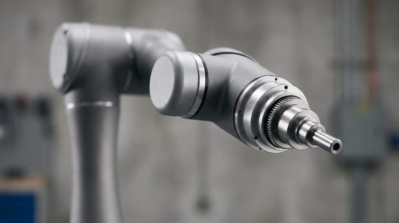 Close-up detail of the wrist segment and end-effector of an unbranded six-axis collaborative robotic arm, showing precision-machined harmonic-drive housing.
