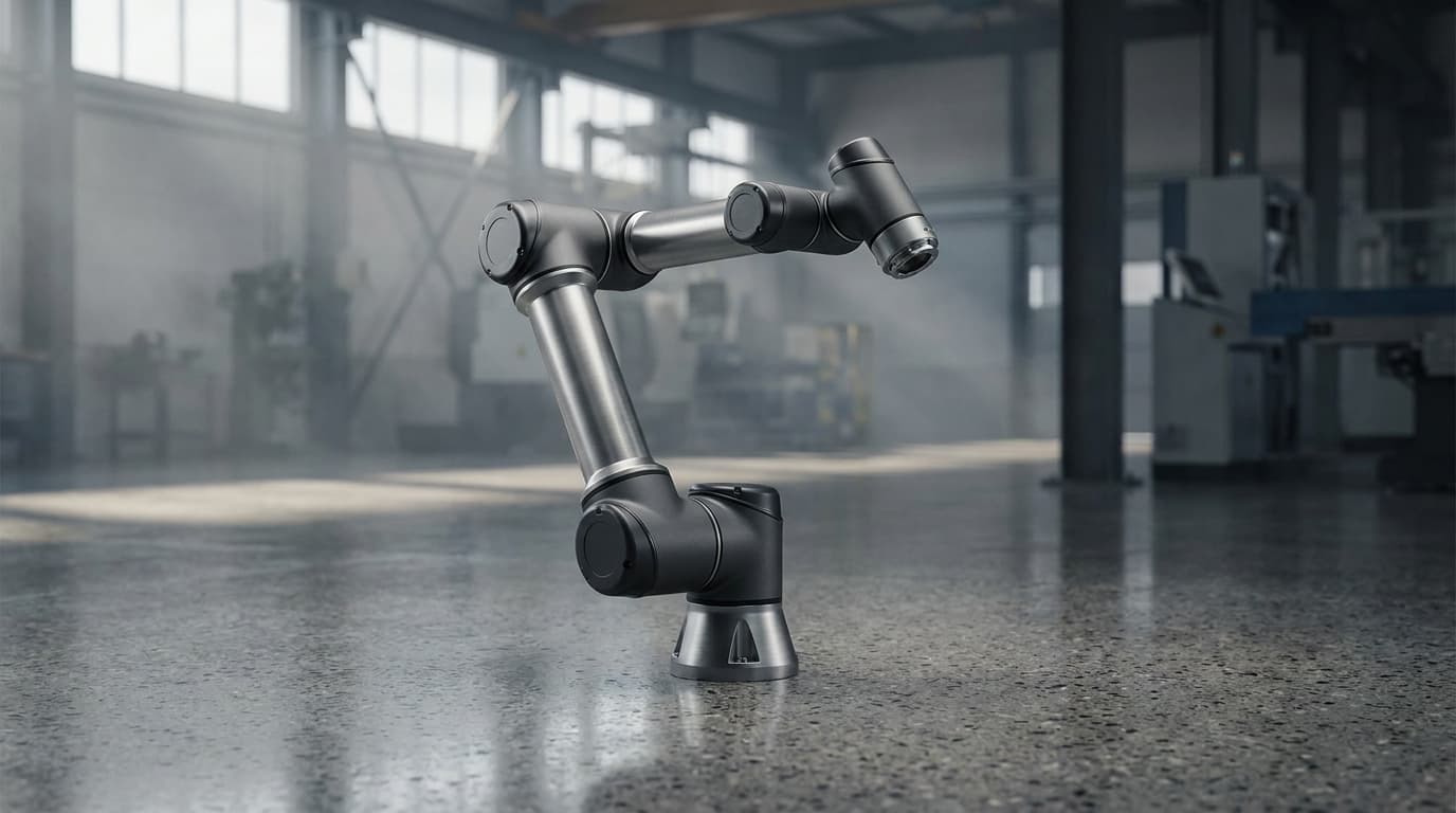 Unbranded six-axis collaborative robotic arm posed mid-cycle on a polished concrete factory floor, atmospheric studio lighting, blurred industrial backdrop.