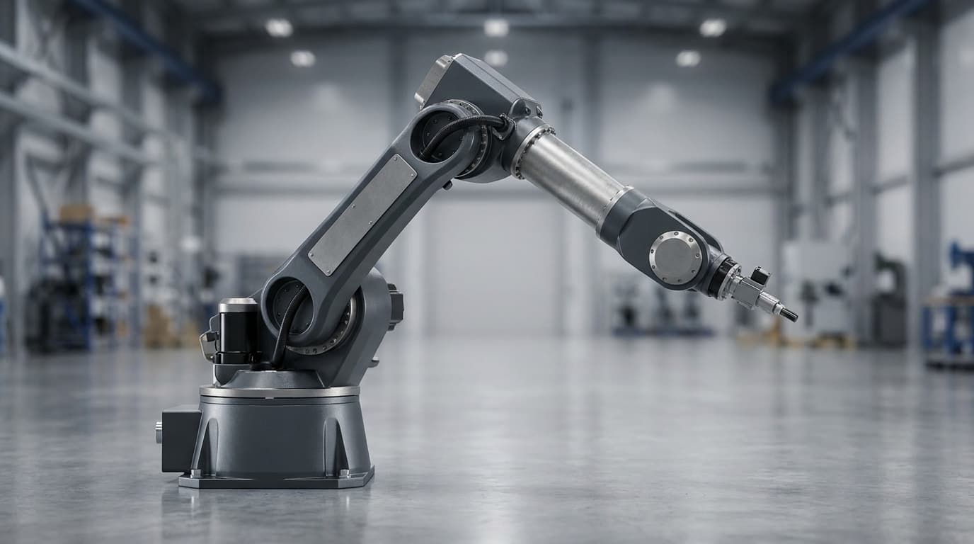 Unbranded heavy-duty six-axis industrial robotic arm with extended reach posed on a polished factory floor, atmospheric studio lighting, blurred industrial backdrop.