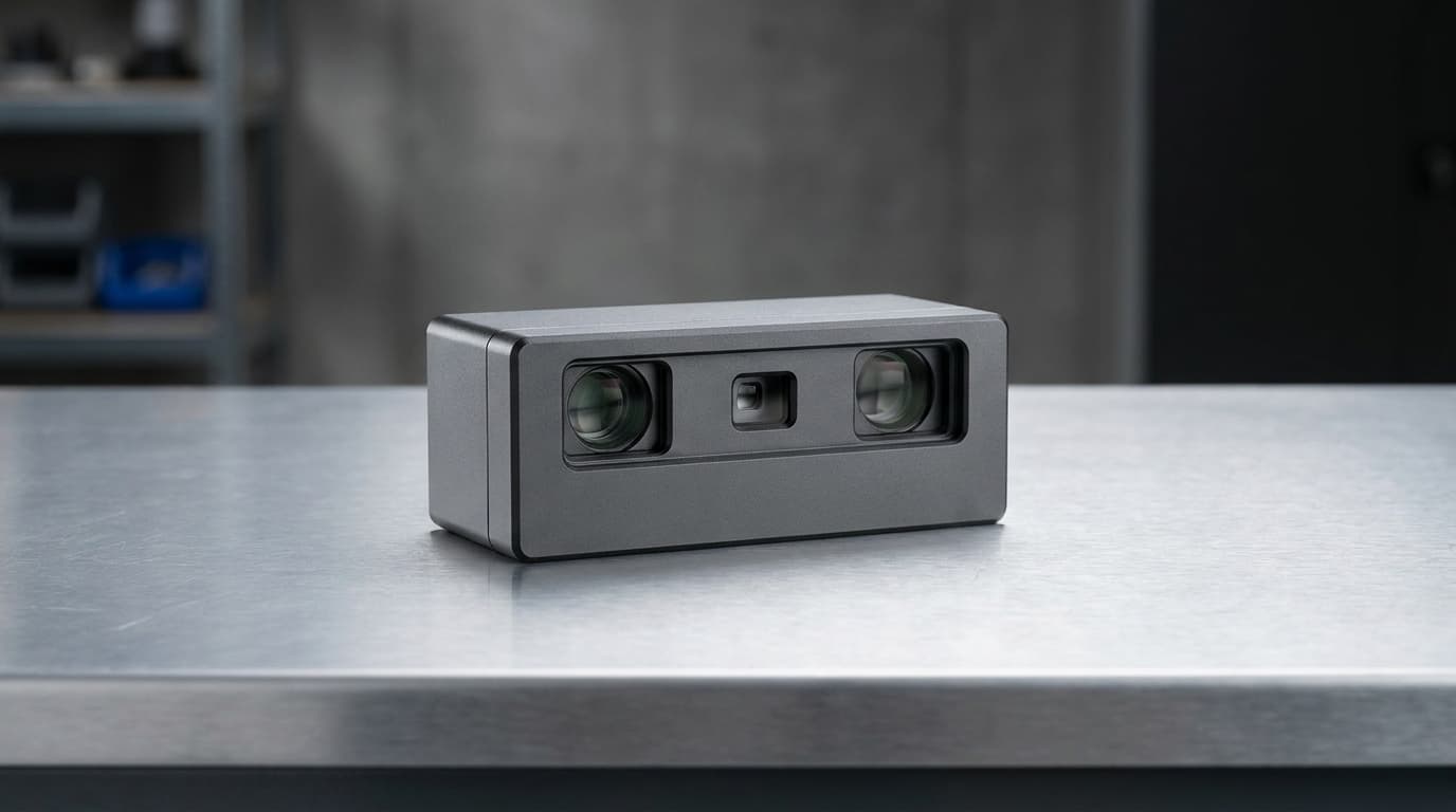 Unbranded structured-light industrial 3D vision module sitting on a brushed aluminum bench, dark matte rectangular housing with two lens apertures and a projector window between them.