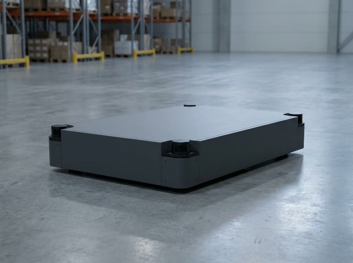 Unbranded autonomous mobile platform on a polished warehouse floor, dark matte finish, ambient industrial lighting with shelving and racking blurred in the background.