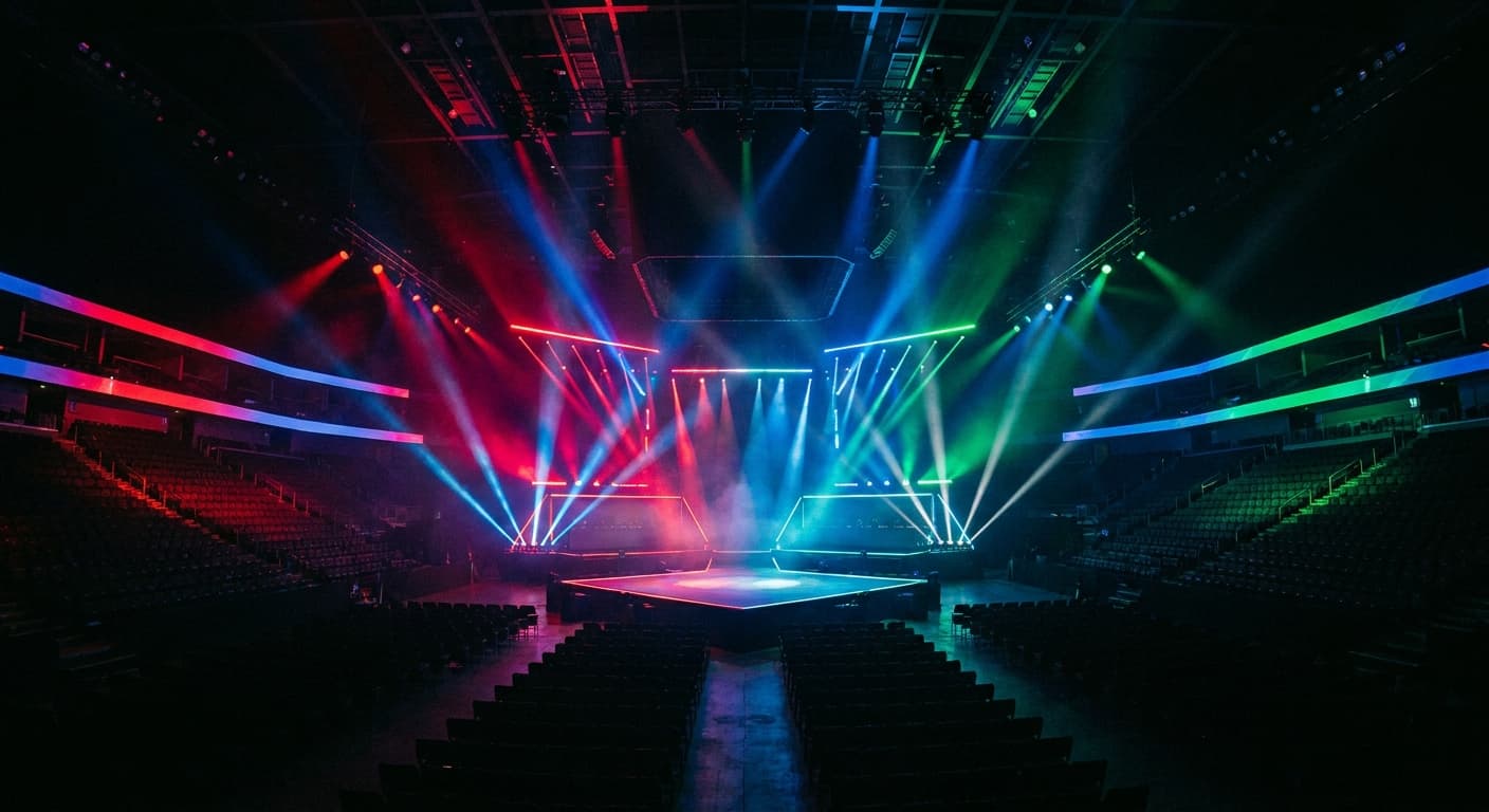 Apex hero: a dark stage or arena setting with RGB lighting suggesting an esports event.