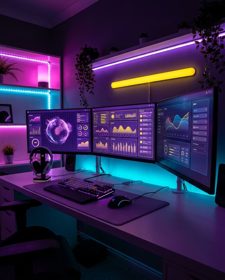 A gaming setup with monitors and ambient RGB lighting.
