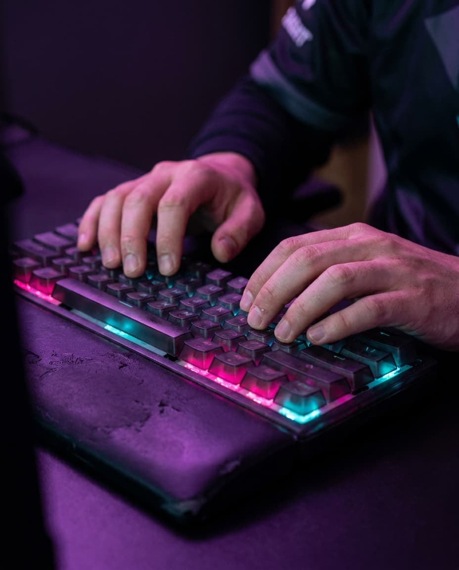 A close-up of hands on a keyboard with RGB underglow.