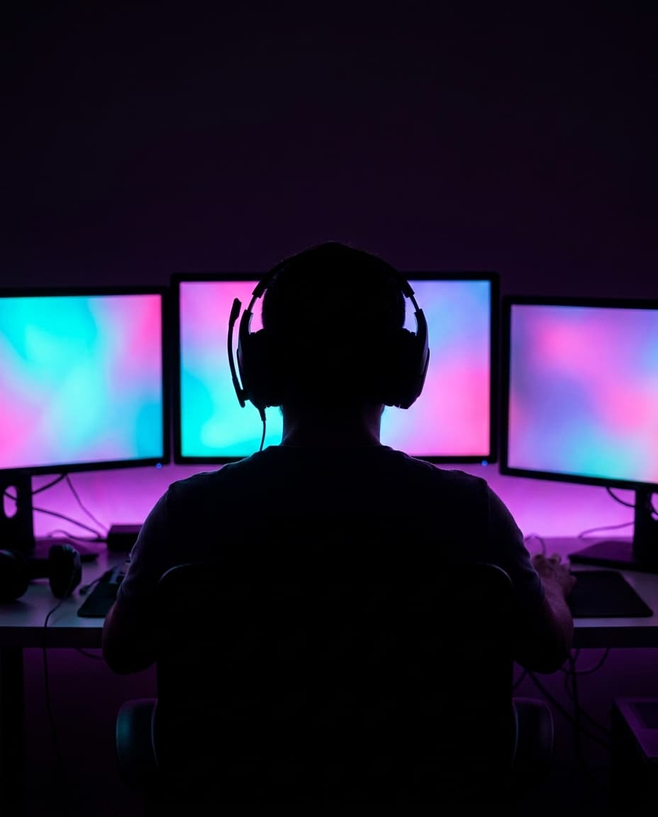 A silhouette of a person at a gaming setup from behind, headset visible, monitors creating ambient glow.