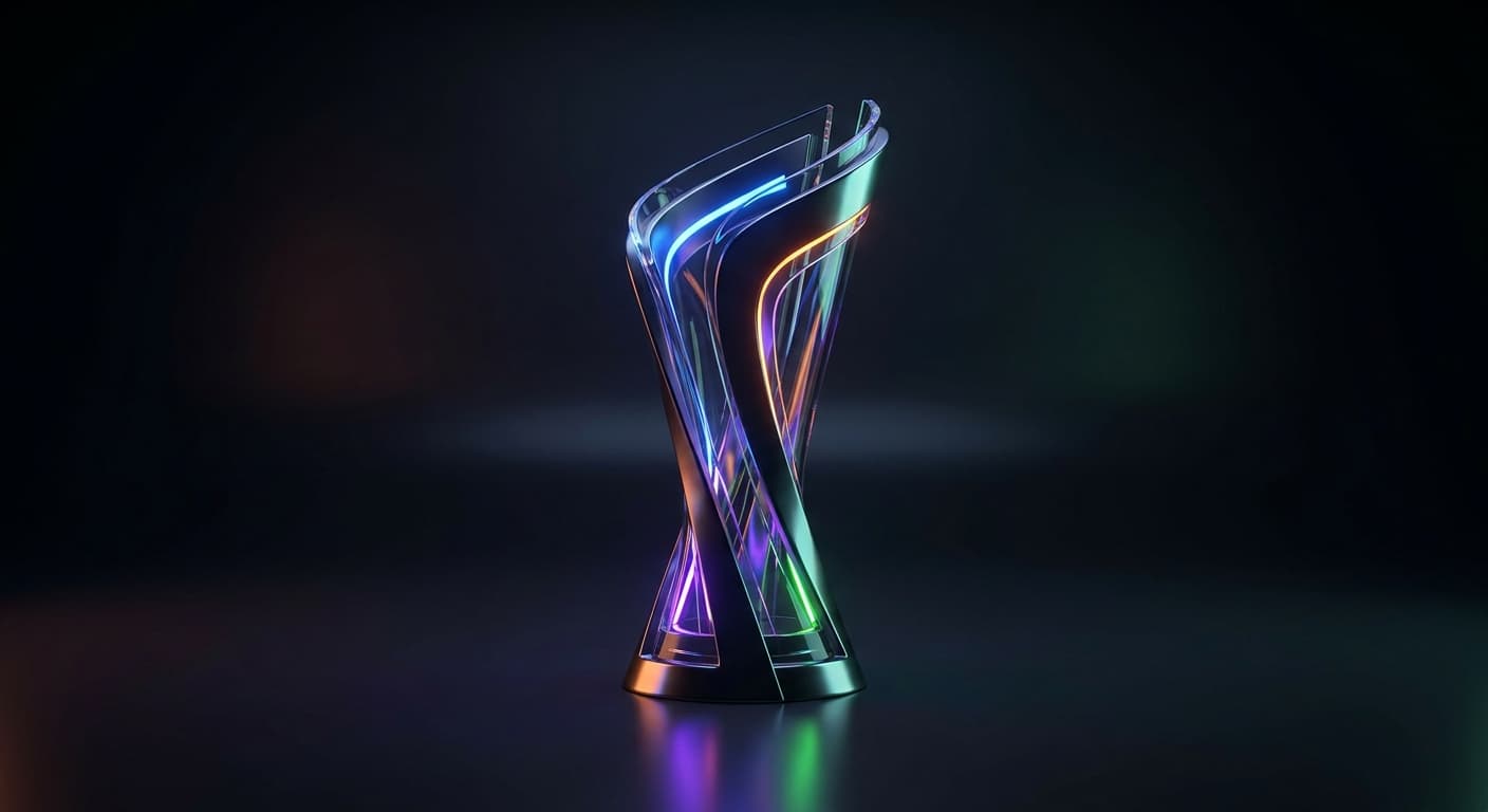 A glossy esports trophy on a dark surface with dramatic RGB lighting.