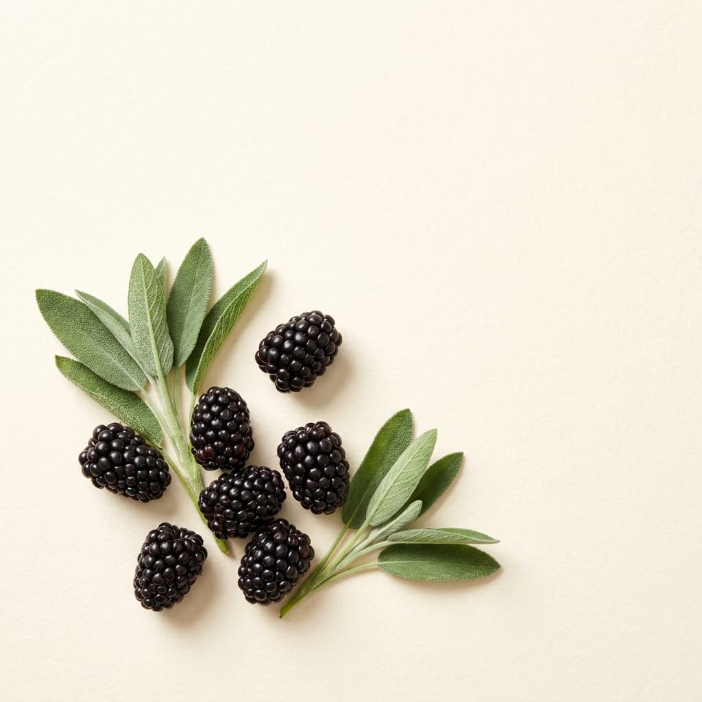 A can of Blackberry Sage Bloom soda with fresh blackberries and a sprig of sage on cream paper.