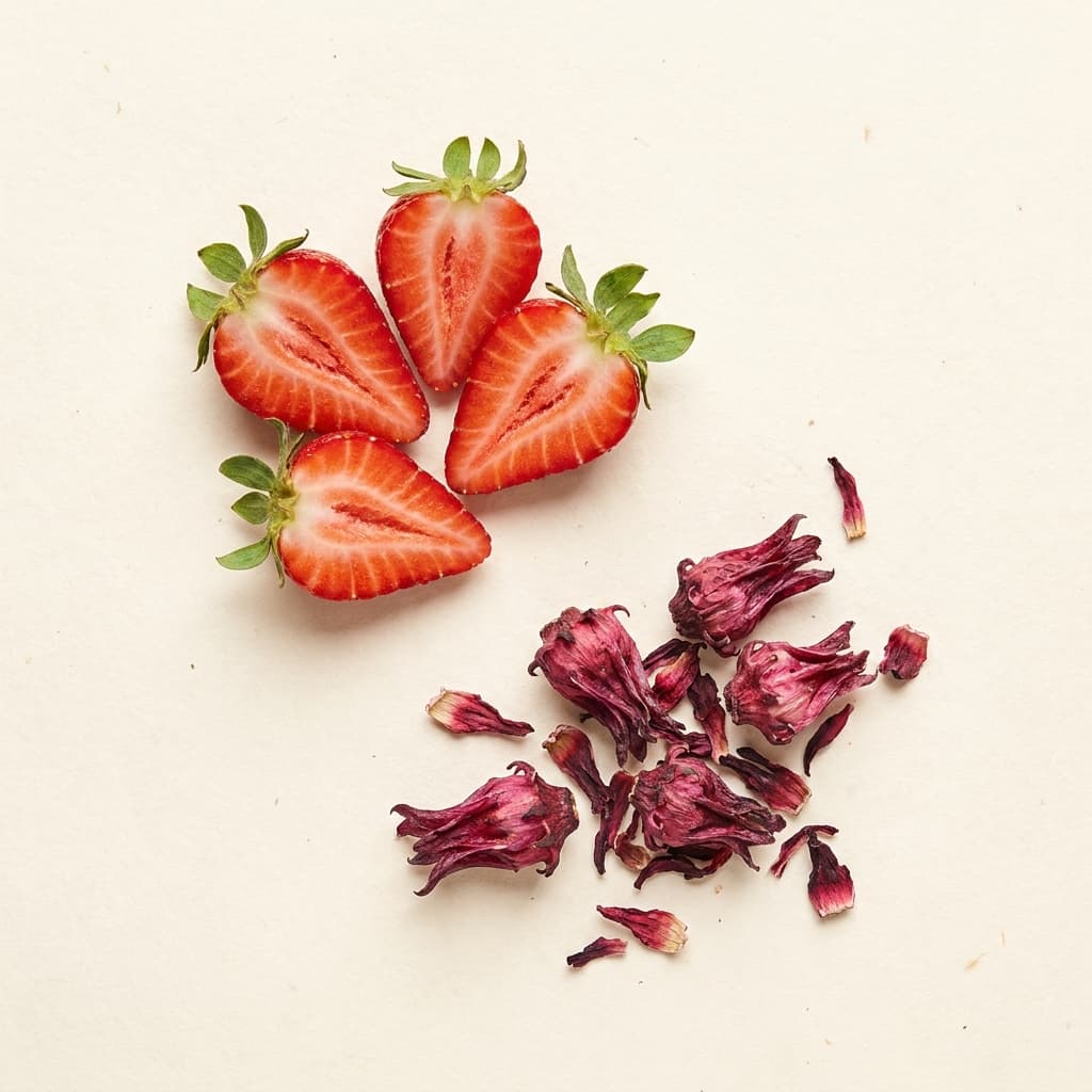 A can of Strawberry Hibiscus Bloom soda surrounded by fresh strawberries and dried hibiscus flowers on cream paper.