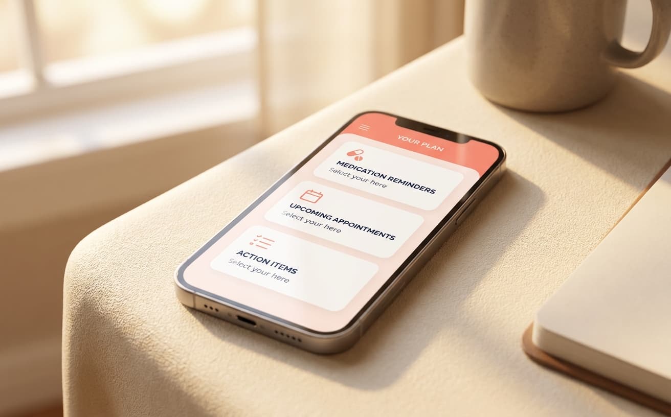A care plan view on a phone showing a paired primary care provider and ongoing plan items.