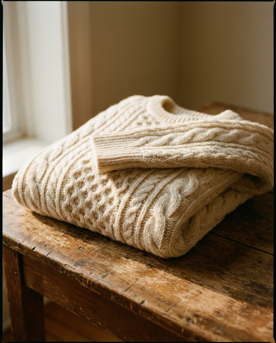 A heavy ivory fisherman knit folded on a wooden bench, the cabling catching late afternoon light.