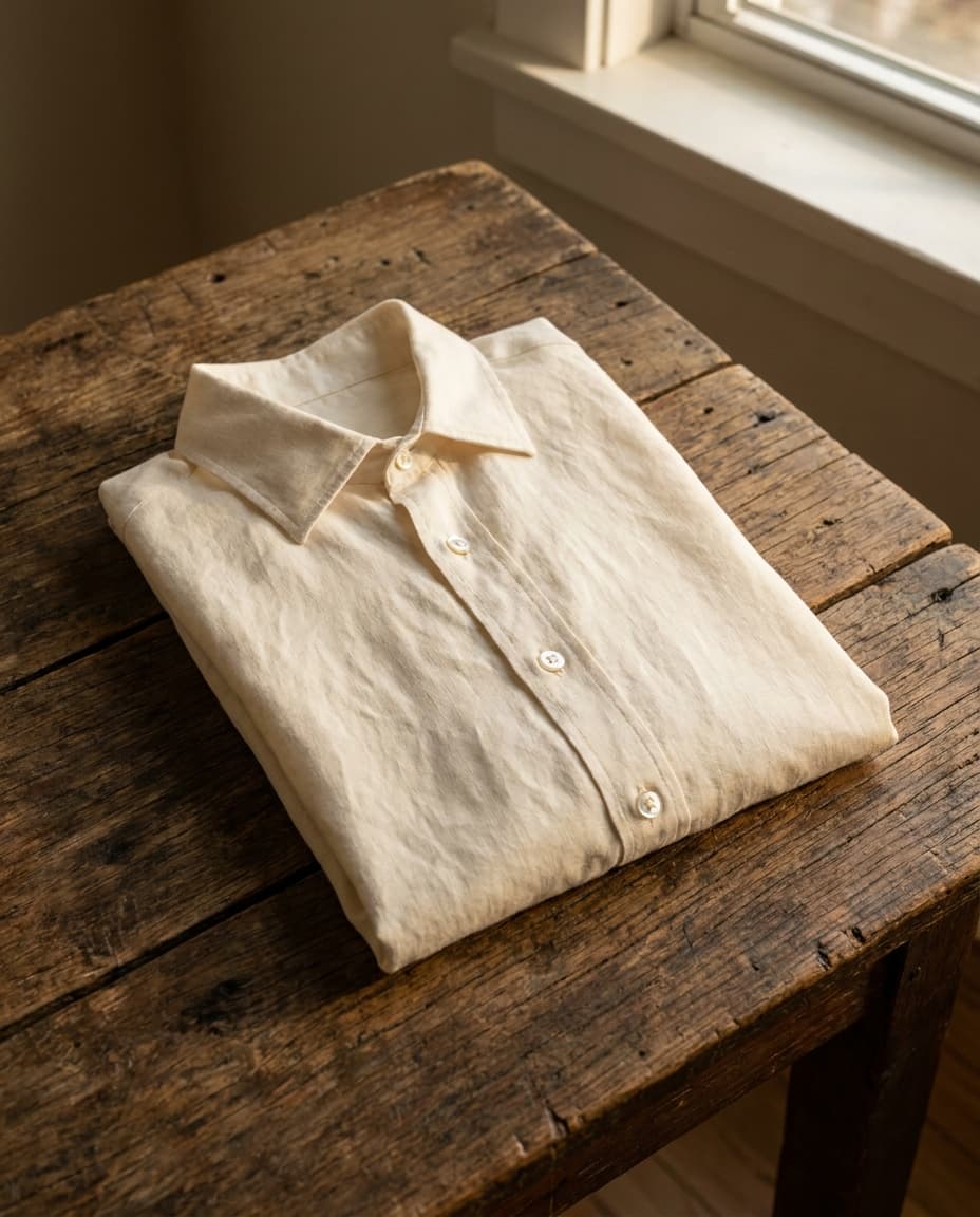 A folded indigo wool topcoat photographed on weathered oak, soft window light raking the weave.