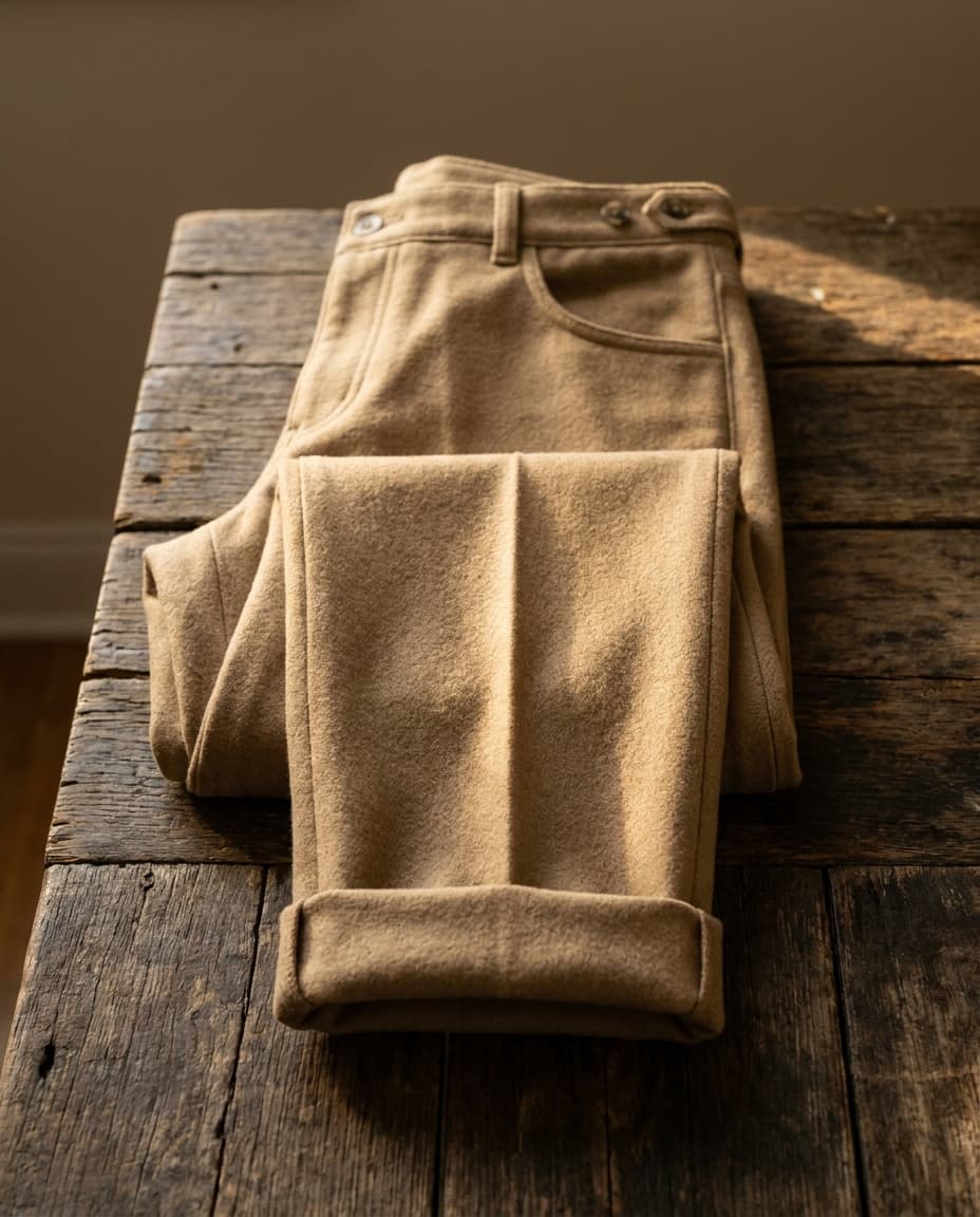 A pair of pleated wool trousers laid flat on a linen sheet, soft daylight from above.