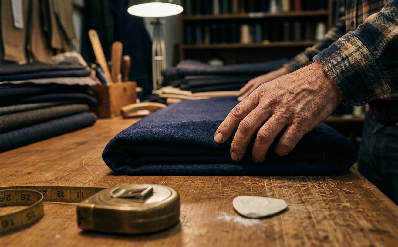 A tailor at a wooden bench, hands resting on a cut panel of indigo wool, brass shears and a roll of cotton tape beside him in raking afternoon light.