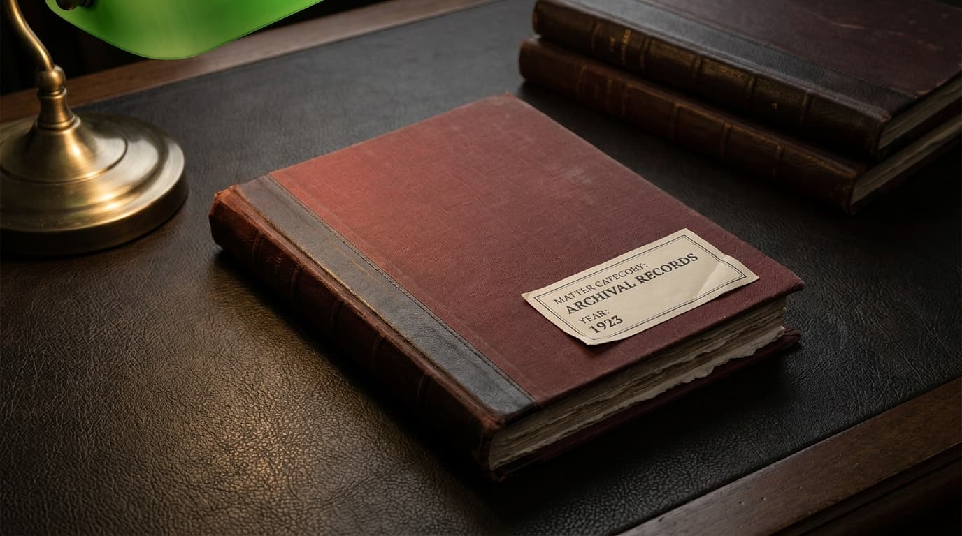 A closed bound matter folder resting on a leather-topped desk, single oxblood accent, museum-quality light.