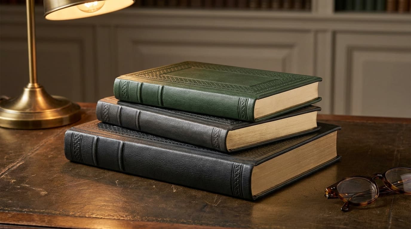 Three closed leather-bound legal journals stacked on a desk, single brass reading lamp at the upper edge, museum-quality side light.
