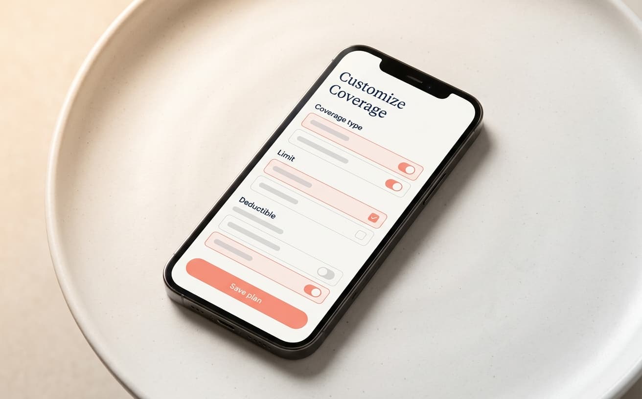 Cover coverage customization screen on a phone, soft toggle rows with a coral Save plan button.