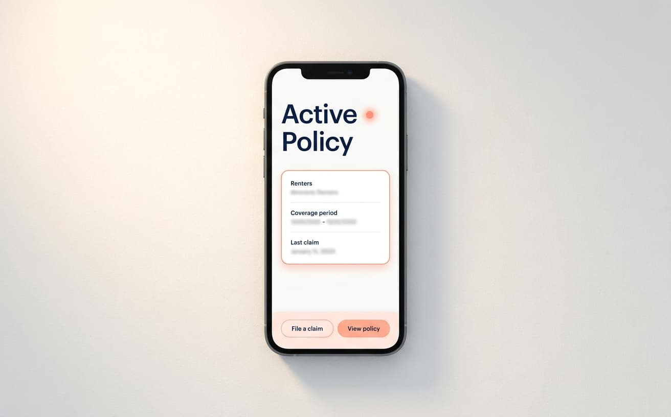 Cover active policy dashboard on a phone, an Active status indicator and policy summary card.