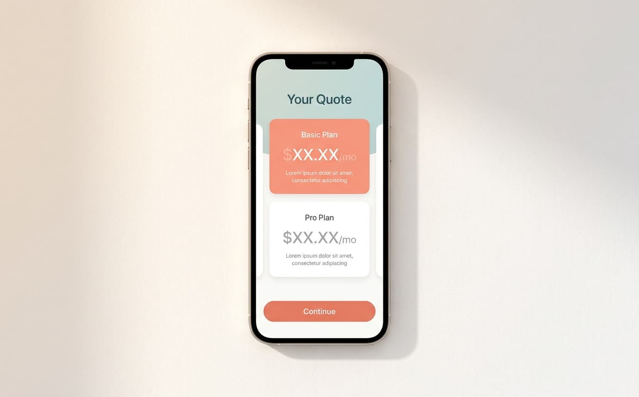 Cover quote results screen on a phone, plan tier cards with a soft coral Continue button.