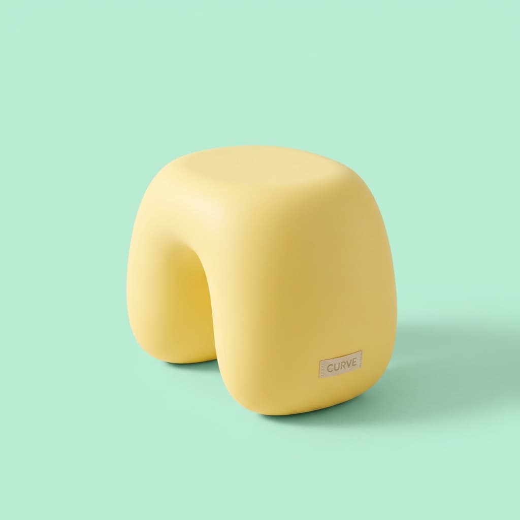 Curve Marshmallow Stool, a small rounded curvy stool in butter yellow on a mint background.