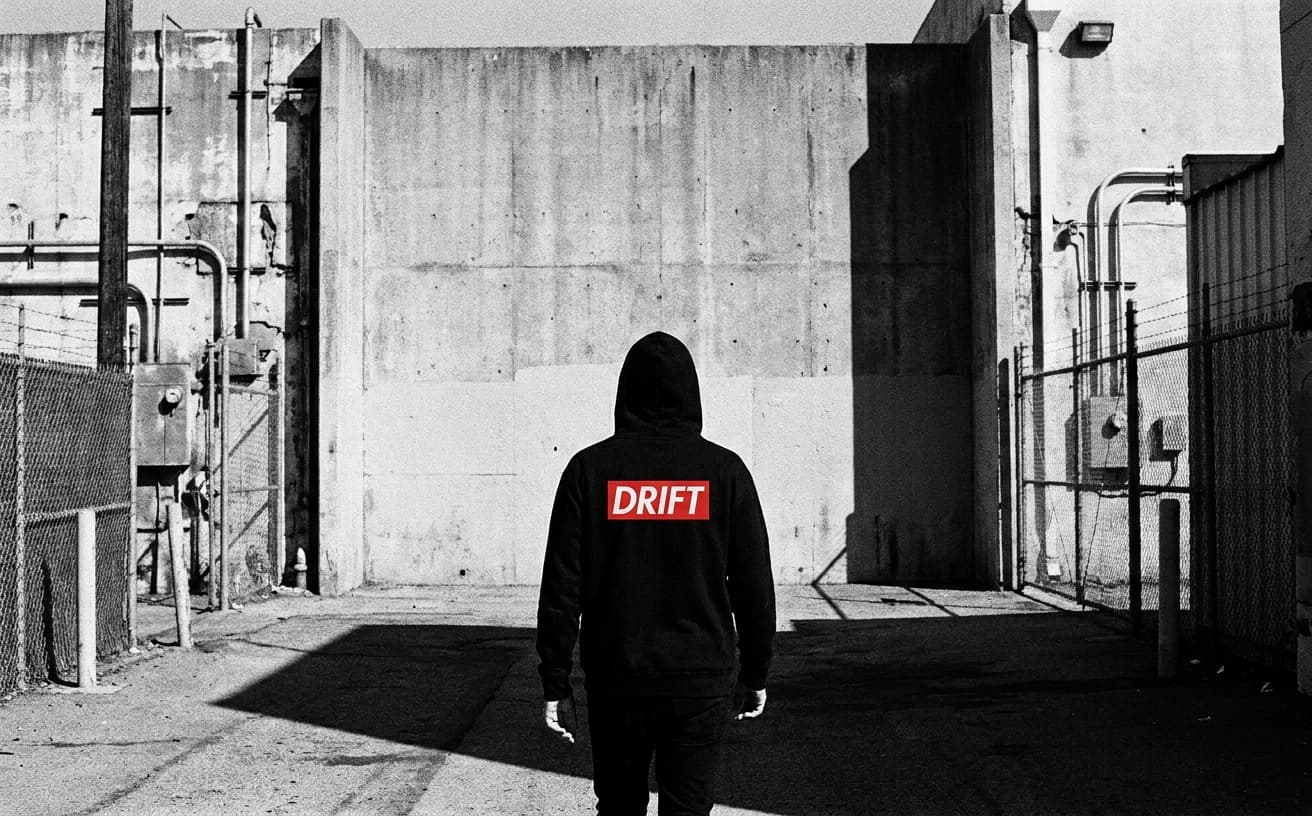 A monochrome lifestyle still: a person from behind wearing Drift apparel against a stark concrete wall.
