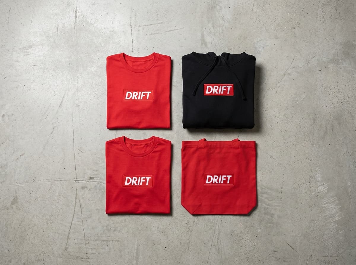 A graphic still: folded Drift apparel arranged in a tight grid against a concrete surface.