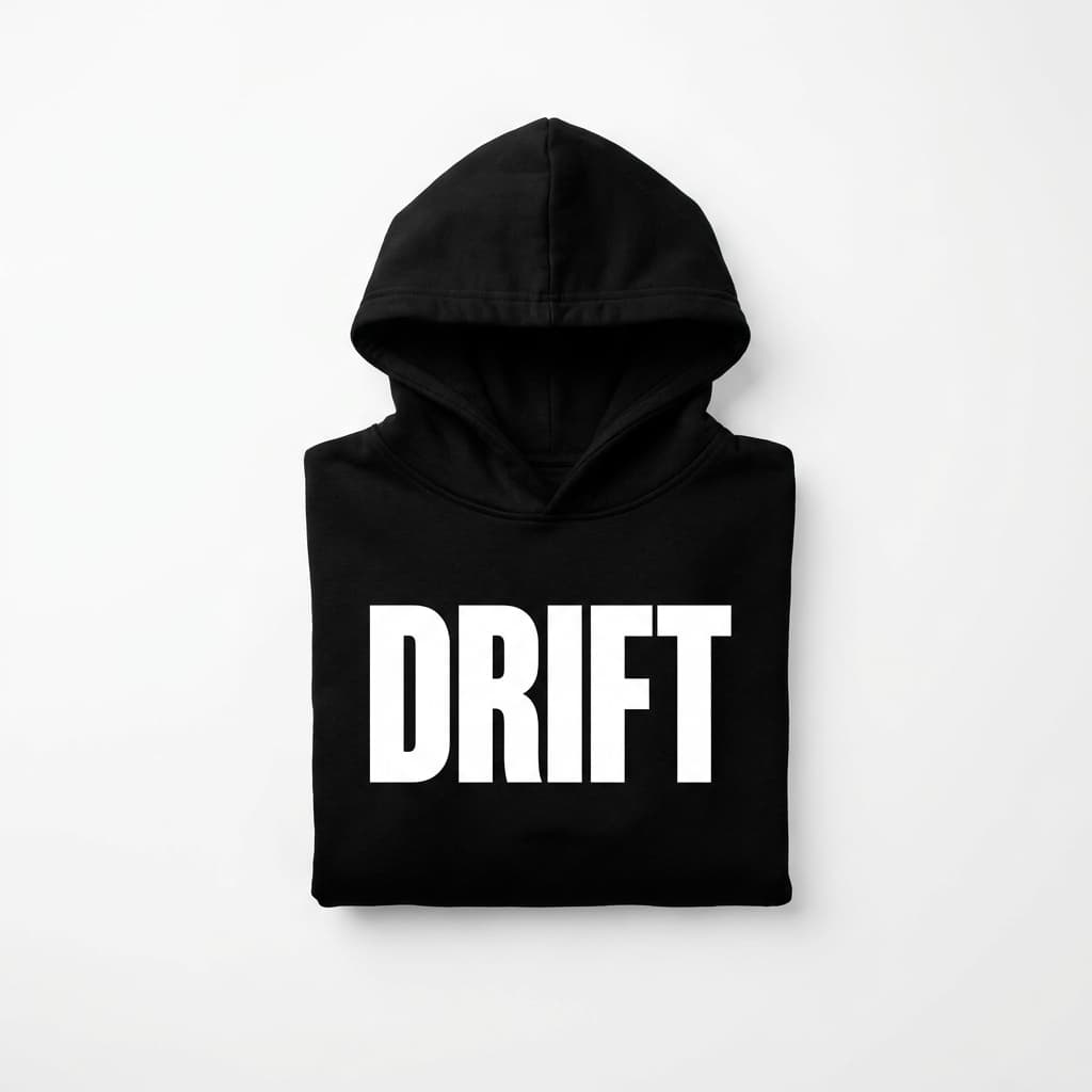 Drift heavyweight black hoodie with white wordmark, on stark white.