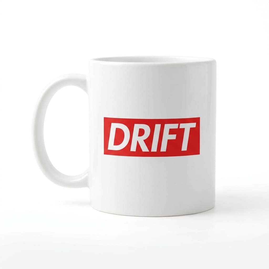 Drift ceramic mug with red box logo, on stark white.