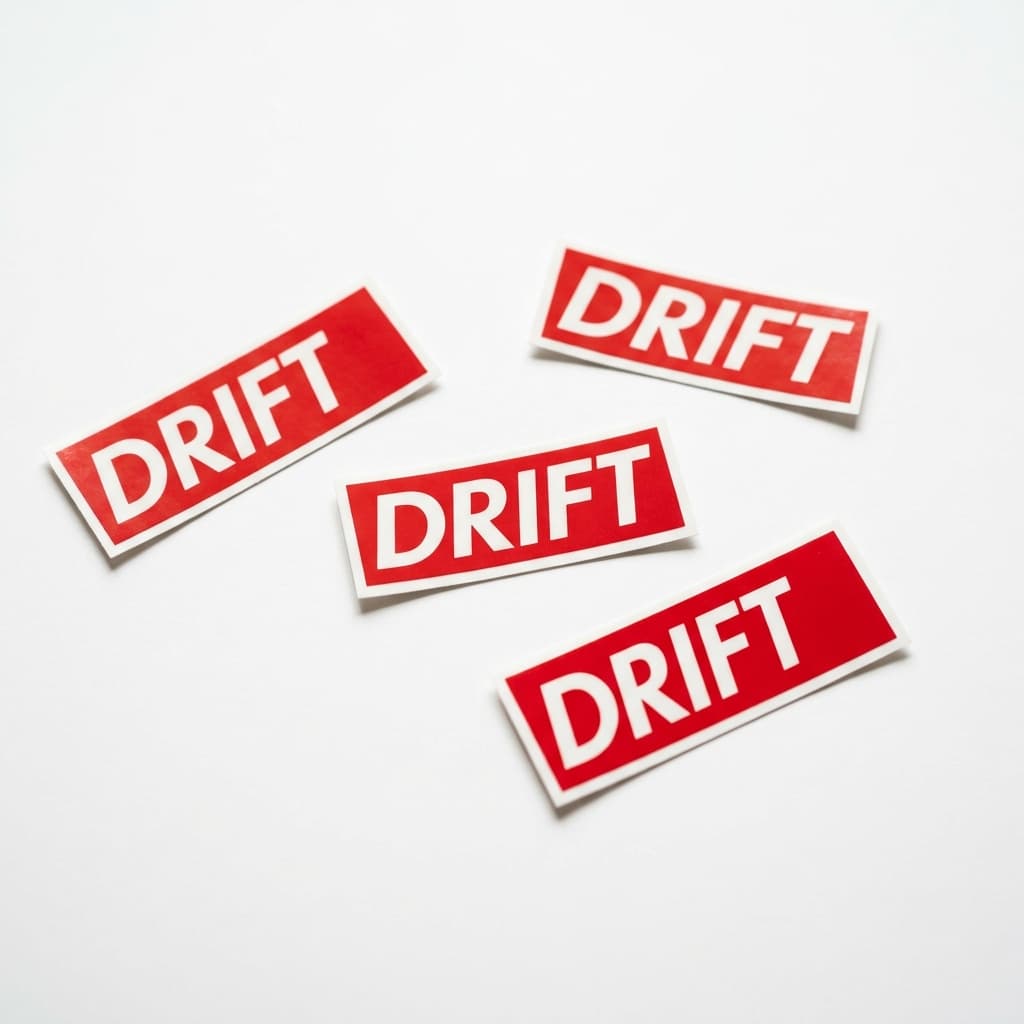 Drift sticker pack featuring three red and white box logos, on stark white.