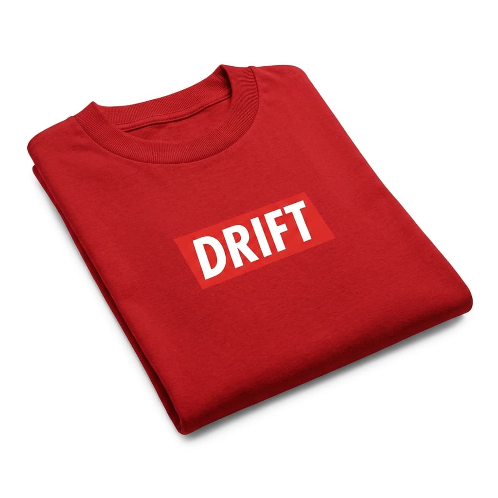 Drift box logo tee in red, photographed on stark white.