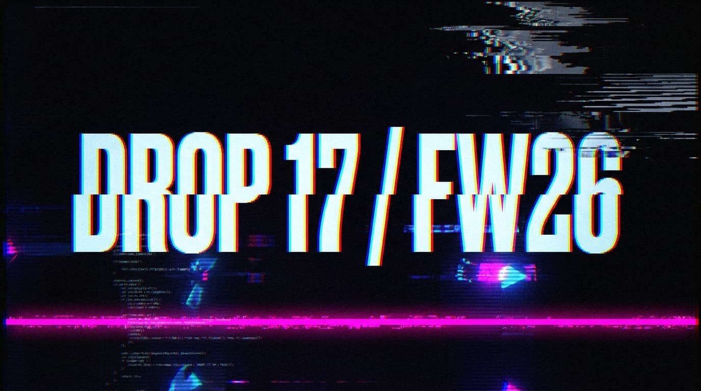 DROP 017 hero treatment: heavy kinetic typography on a dark background, single saturated accent.