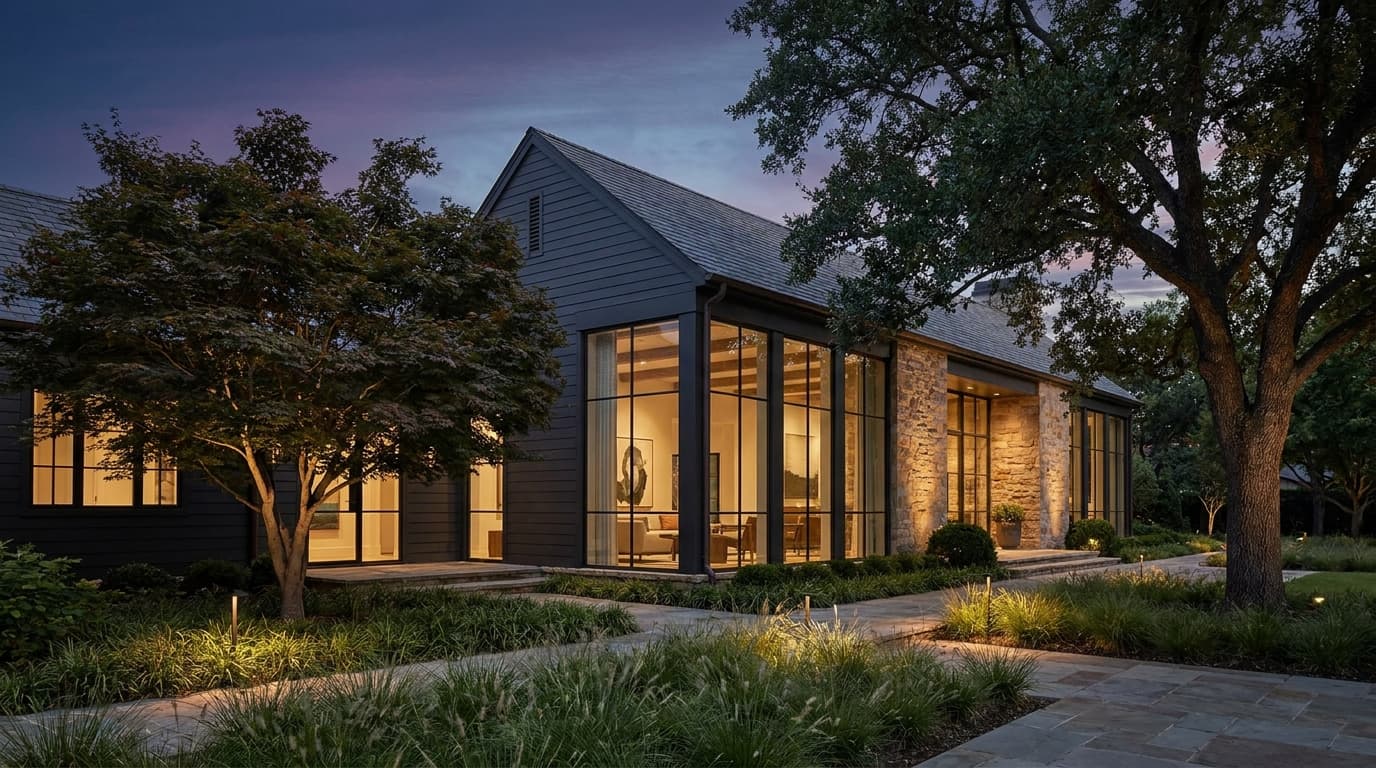 A classic residential exterior with traditional proportions, dusk light over generous landscape.