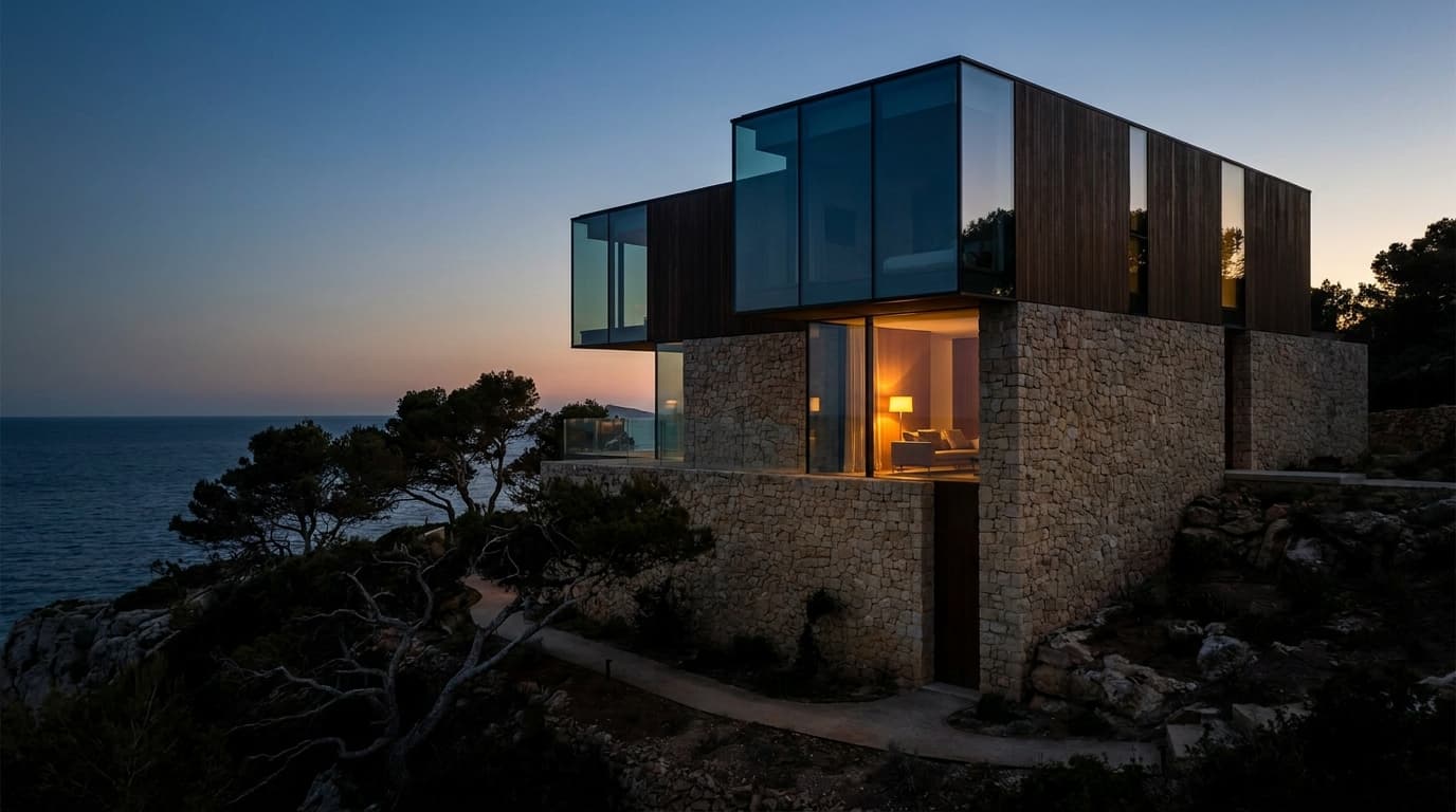 A contemporary residential exterior in stone and glass within a dramatic natural setting, evening light.