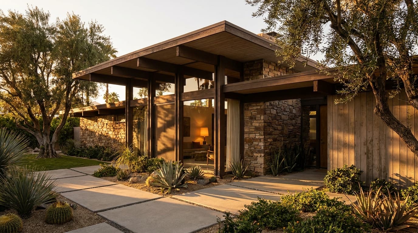 A mid-century modern residence with horizontal emphasis and natural materials, late afternoon light.