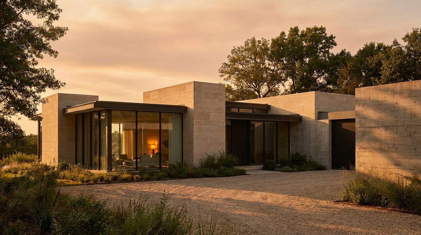 A residential exterior at golden hour, geometric volumes with floor-to-ceiling glass, three-quarter angle.