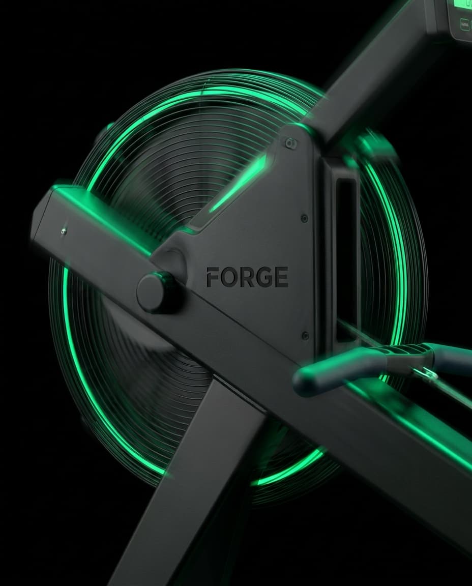 A rowing machine in motion blur suggesting kinetic energy.