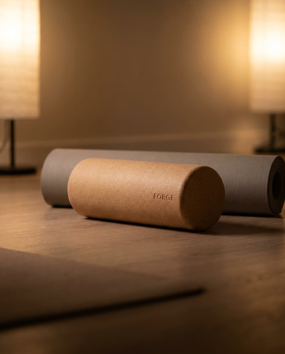 A foam roller and yoga mat in a studio environment, lower-key lighting.