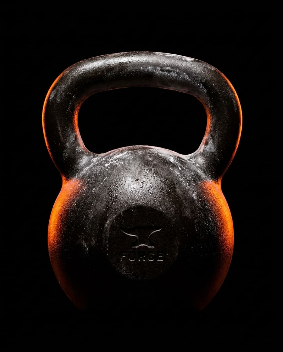 A close-up of a kettlebell in dramatic lighting, sweat or chalk visible.
