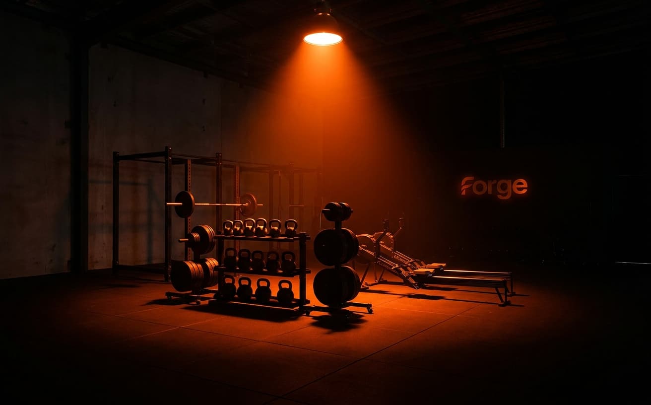 Forge hero: a dark studio interior with a single dramatic spotlight on equipment, hot orange rim lighting.