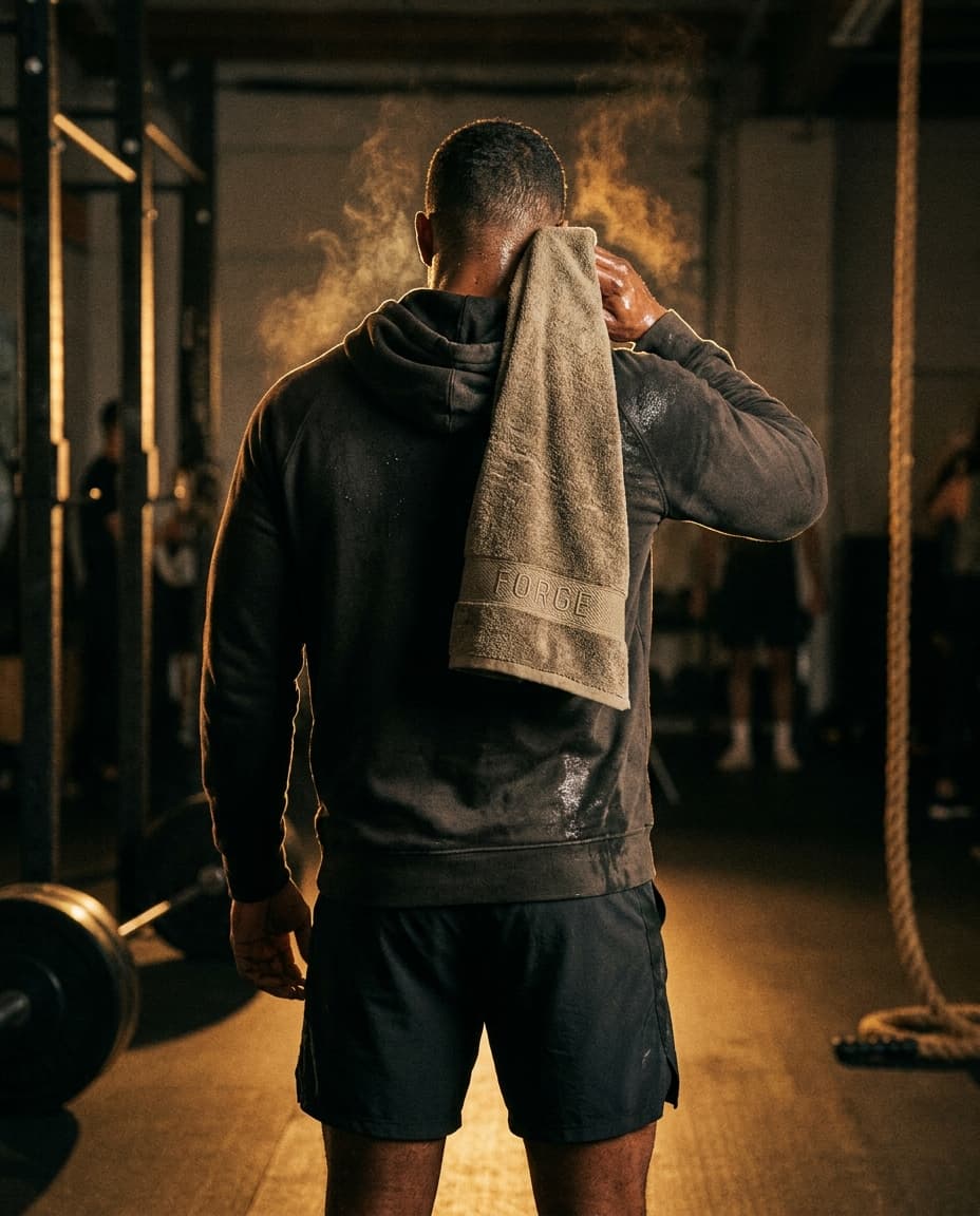 An athlete post-workout from behind, wiping sweat with a towel.